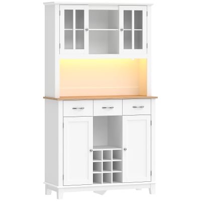 Armoire de cuisine avec éclairage led porte-bouteilles bois blanc