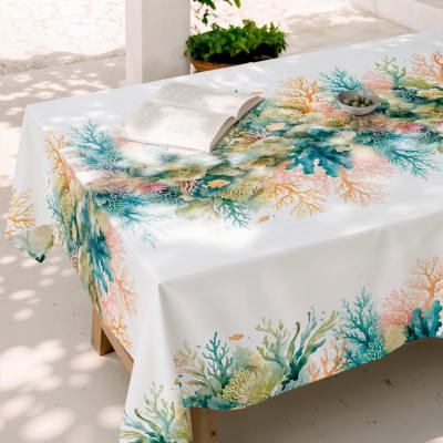 Nappe blanche antitache en coton avec motif corail multicolore 155x200