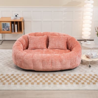 Canapé 2 places en chenille rose, grand fauteuil relax, 2 coussins