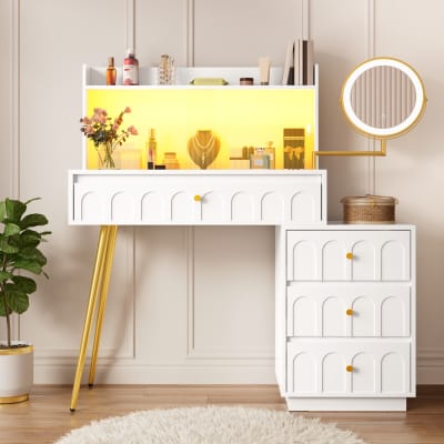 Coiffeuse blanche avec miroir, portes en verres avec LED et 4 tiroirs