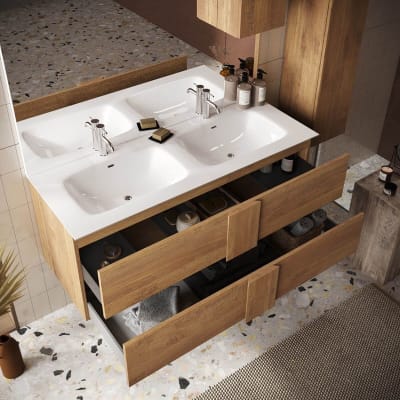 Meuble  suspendu 122cm avec double vasques 2 tiroirs aspect bois finit