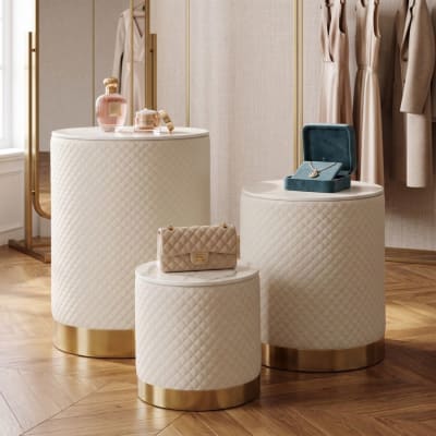 Vitrines en similicuir avec détails en métal doré