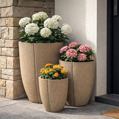 Vases extérieur en résine gris, set 3 pcs Ø 43×47–36×41,5–30,5×34,5