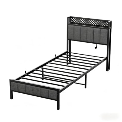 Lit en métal avec rangement, lattes et ports usb noir 90x200 cm