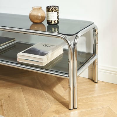 Meuble tv verre trempé noir structure en chrome