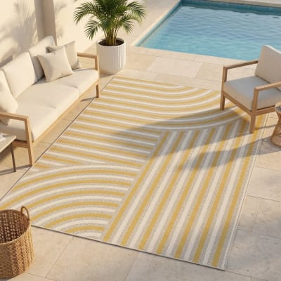 Tapis intérieur extérieur motifs courbes jaune et beige 160x230