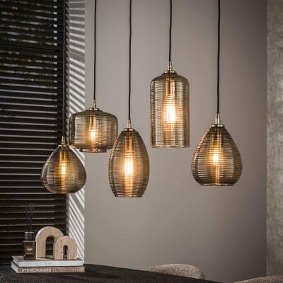 Suspension 5 lampes 126x20x150 cm en verre ambré et métal
