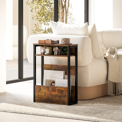 Table d'appoint avec étagère à deux niveaux en bois brun rustique