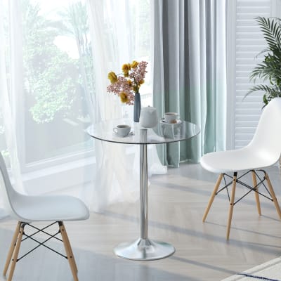 Table à manger ronde pour 2 personnes plateau en verre trempé argenté