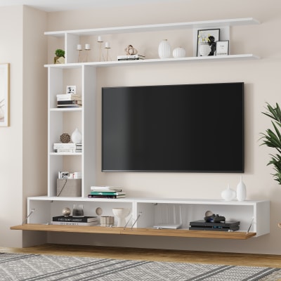 Meuble tv mural avec étagère, 180 cm, blanc et chêne