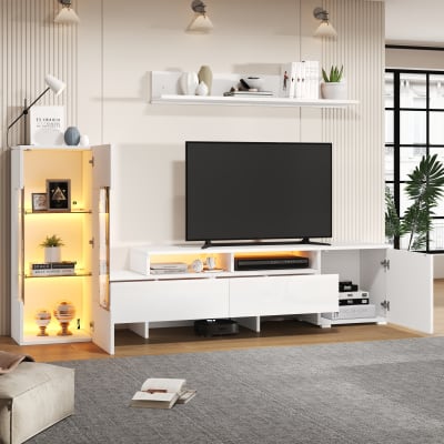 Meuble tv 3 pièces led 170 cm blanc brillant, étagères en verre