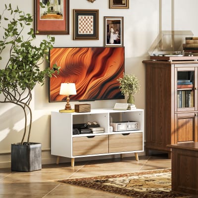 Meuble tv bas avec 2 étagères et 2 tiroirs, 99 cm, blanc