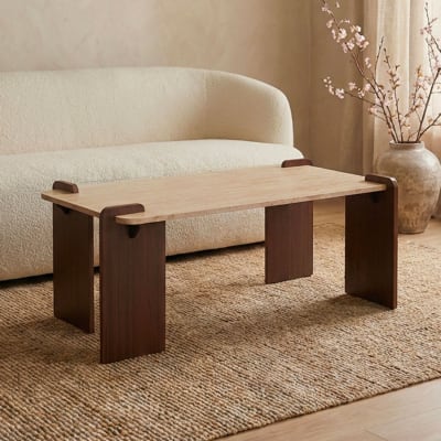 Table basse au design art déco 60x120cm effet travertin beige et bois