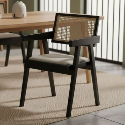 Chaise design avec accoudoirs et cannage rotin bois foncé et tissu