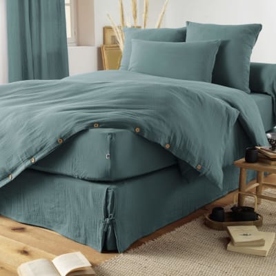 Housse de couette double gaze de coton bleu canard 240x220