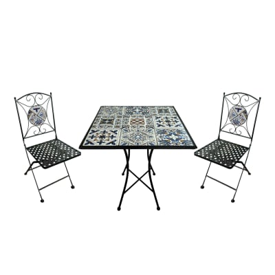 Table bistrot, 2 chaises, mosaïque, bleu clair