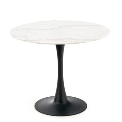 Table ronde en verre aspect marbre blanc et pied central noir 90cm