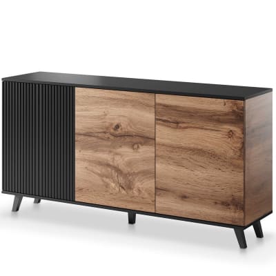 Buffet  3 portes aspect chêne wotan et noir 160cm