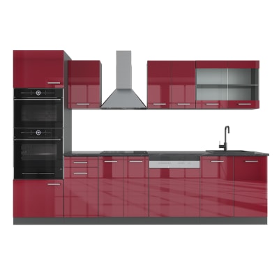 Cuisine avec armoire haute, sans PT Rouge brillant/Anthracite 300x81.6