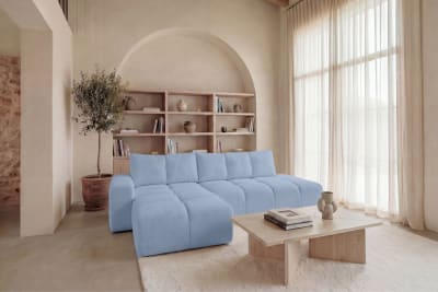 Canapé d'angle tissu chenille 4 places bleu clair gauche