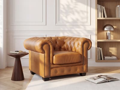 Fauteuil droit cuir pleine fleur camel