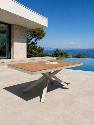 Table de jardin en alu plateau polywood  aspect bois