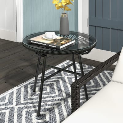 Table d'appoint noire en rotin avec plateau en verre 50 x 50 x 50 cm