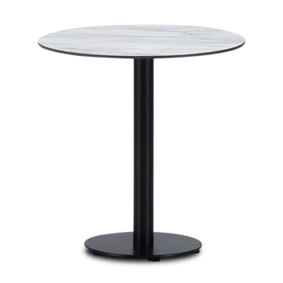 Table de restauration ronde 70cm pied noir, plateau HPL marbre