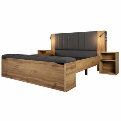 Lit effet bois chêne, tête de lit rabattable, 2 tables de chevet, banc
