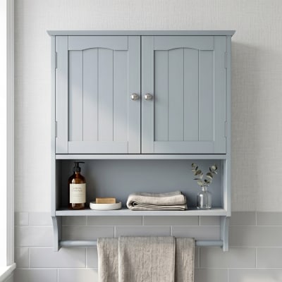 Armoire Murale de Salle de Bain Grise - Rangement avec Porte-Serviette