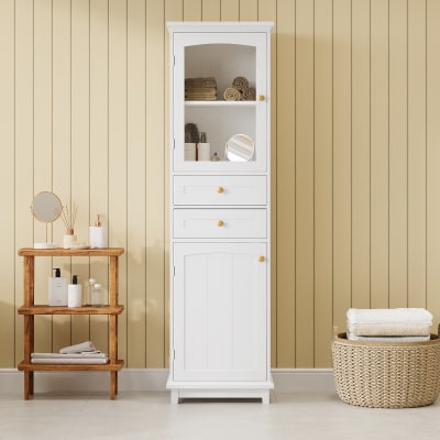 Colonne de salle de bain 160cm, Porte vitrée et 2 tiroirs, Blanc