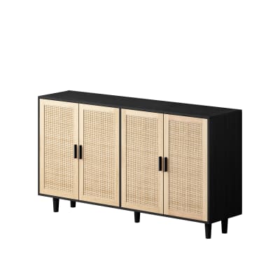 Buffet noir avec 4 portes en cannage de rotin et design scandinave