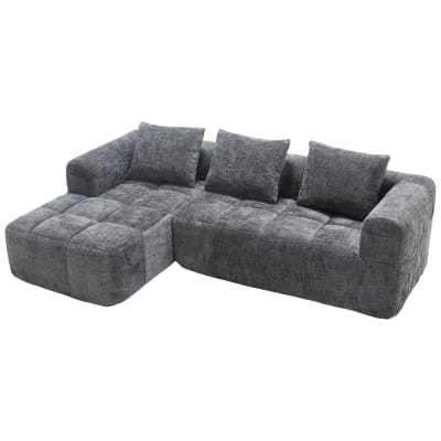 Canapé d'angle 3 places en chenille gris avec méridienne et poches