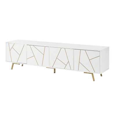 Meuble TV blanc 4 portes, design contemporain et lignes dorés