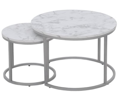 Ensemble de deux tables basses rondes aspect marbre blanc