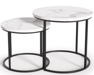 Ensemble de deux tables basses aspect marbre blanc et acier noir