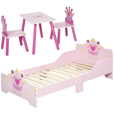 Lit et ensemble table et chaises princesse motif couronne bois rose