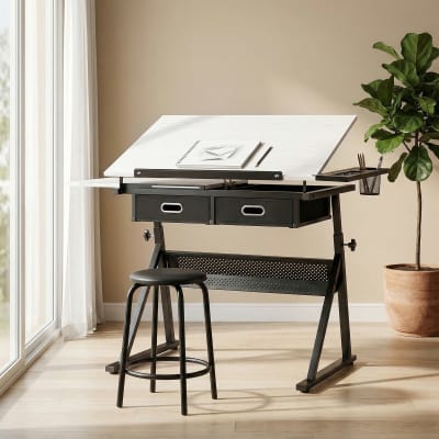 Table à dessin avec tabouret et 2 tiroirs plateau inclinable mdf blanc
