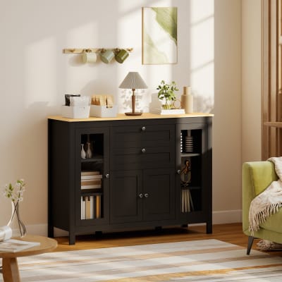 Buffet avec porte vitrée tiroirs et étagère réglable mdf noir