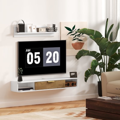 Ensemble meuble tv suspendu étagère murale passe-câbles bois blanc