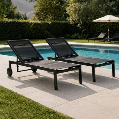 Lot de 2 bains de soleil inclinables noir avec roues en aluminium