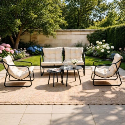 Salon de jardin 4 places gris et beige avec tables basses