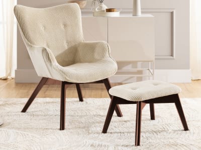 Fauteuil lounge avec repose-pieds, en tissu côtelé beige