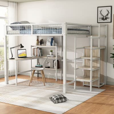 Lit mezzanine 140x200 cm en métal blanc avec bureau et rangements
