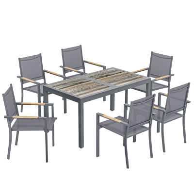 Salon de jardin 7 places table effet bois 6 chaises empilables gris