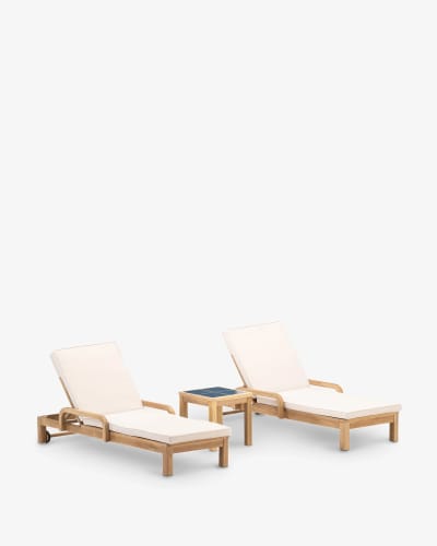 Set de 2 chaises longues et table basse en céramique bleue 45x45