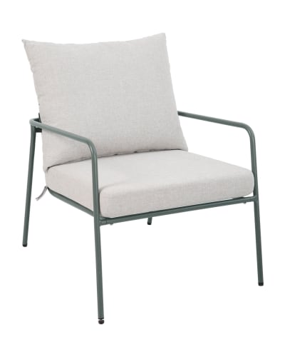 Fauteuil extérieur acier vert mat et coussins beige 66,5x70,5cm