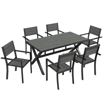 Salon de jardin pour six personnes chaises empilables aluminium gris