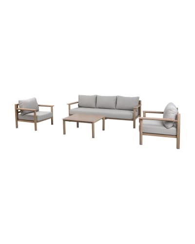 Salon de jardin canapé, table basse et 2 fauteuils aluminium bois