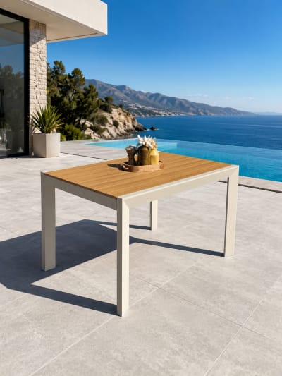 Table de jardin 4 places en alu plateau polywood  aspect bois